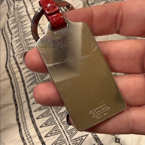 Coach Red Leather Key Fob hangtag designer silver keychain women’s ribbon - Picture 4 of 5